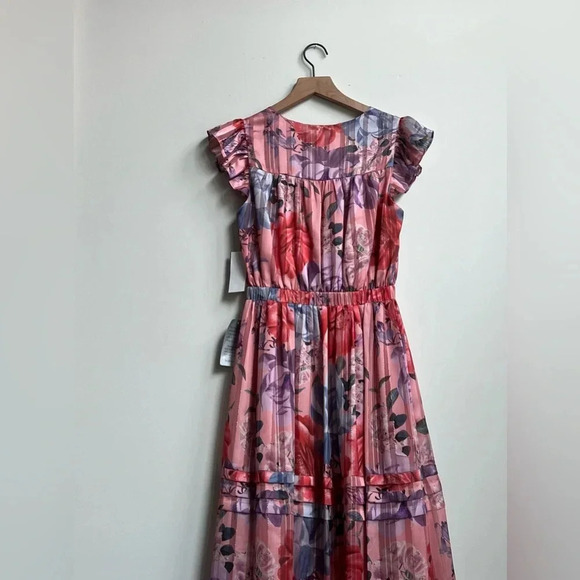 New Adelyn Rae Emmie Pleated Midi Dress in Desert Coral Size XS Metallic Flutter - Picture 9 of 15